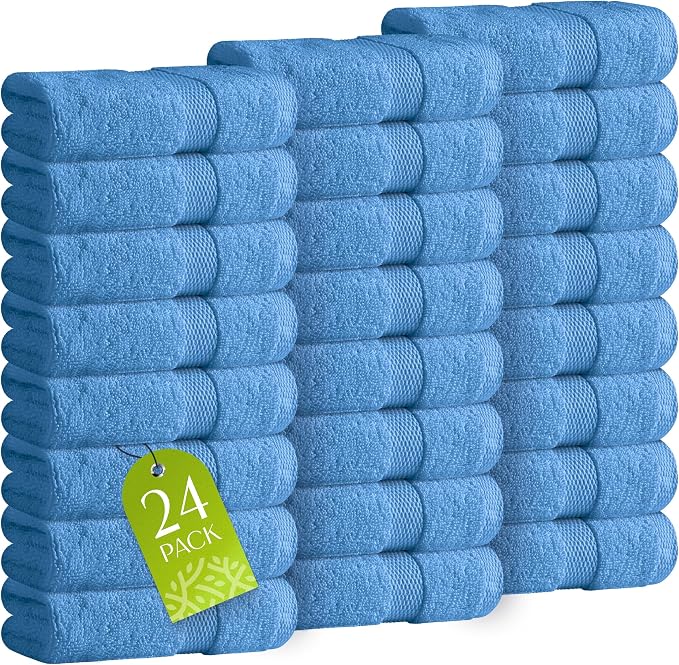 White Classic Wealuxe Light Blue Washcloths 24 Pack - 600 GSM 100% Ring-Spun Cotton Wash Cloths for Showering, Highly Absorbent and Soft | 12x12 Inches
