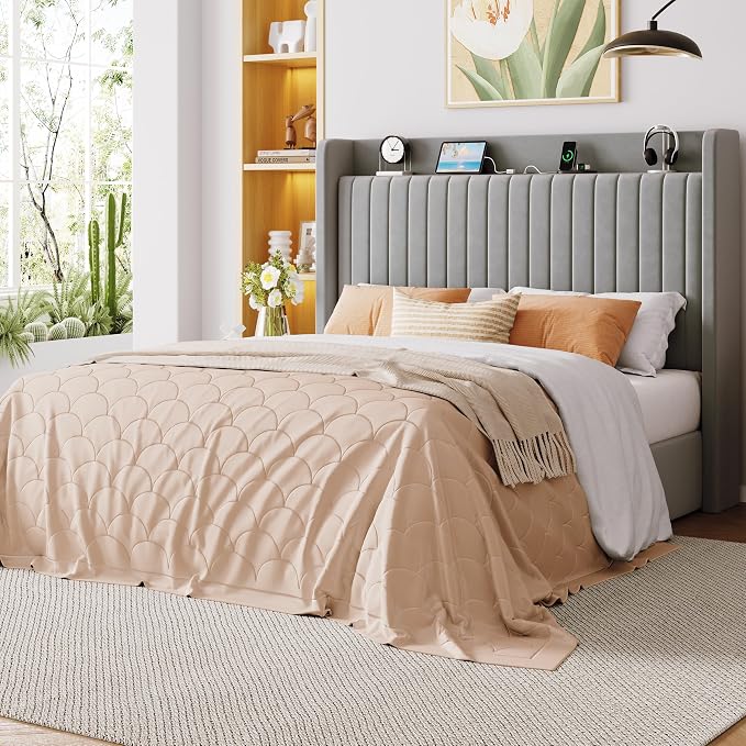 Allewie Queen Lift Up Storage Hydraulic Bed Frame,Charging Station,Grey | Storage Shelf Headboard with Charging Station,Type-C,USB Ports,Hydraulic Support,Velvet Upholstered,No Box Spring Needed