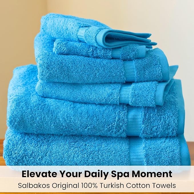 SALBAKOS 100% Turkish Cotton Bathroom Towel Set of 6-Piece, Aqua | 630 Gsm Thick Super Soft Highly Absorbent 2 Bath + 2 Hand + 2 Washcloth Towels Sets, Giftable, Hotel Quality, Made in Turkey