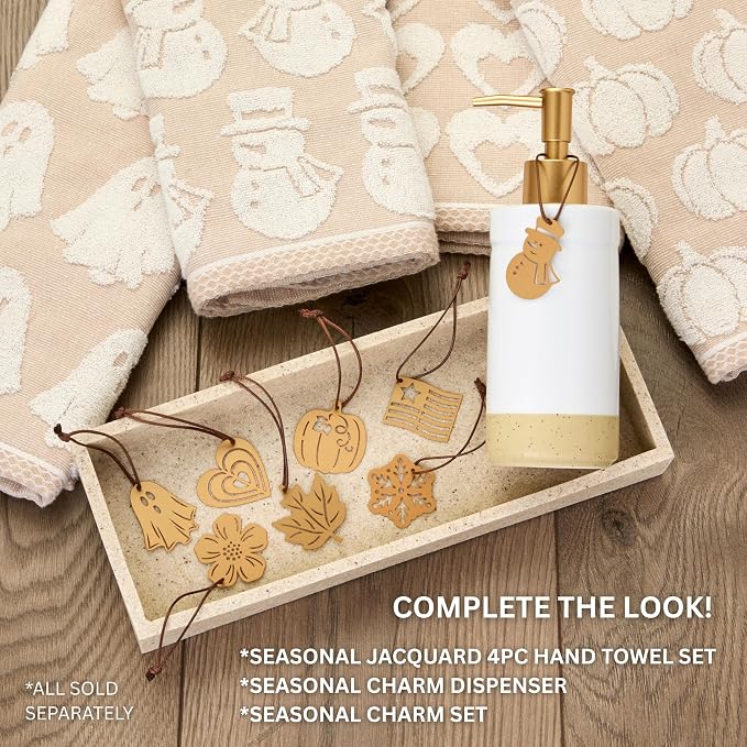 SKL Home Seasonal Charm Soap/Lotion Dispenser Gift Set with 4 Interchangeable Stainless Steel Charms, Refillable for Bathroom & Kitchen, Warm Gold