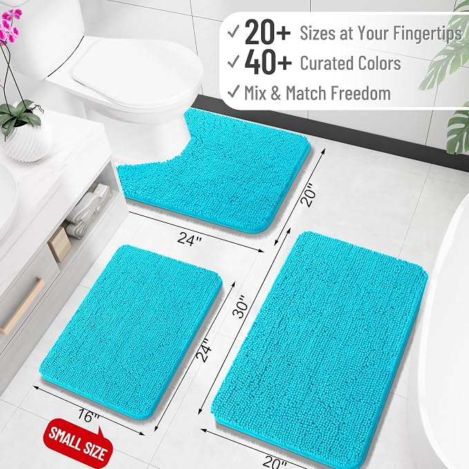 OLANLY Bathroom Runner Rugs 47x24, Soft Absorbent Chenille Bath Rugs, Rubber Backing Quick Dry, Machine Washable Long Bath Mats for Bathroom Floor, Tub and Shower, Home Decor Accessories, Aqua Sky