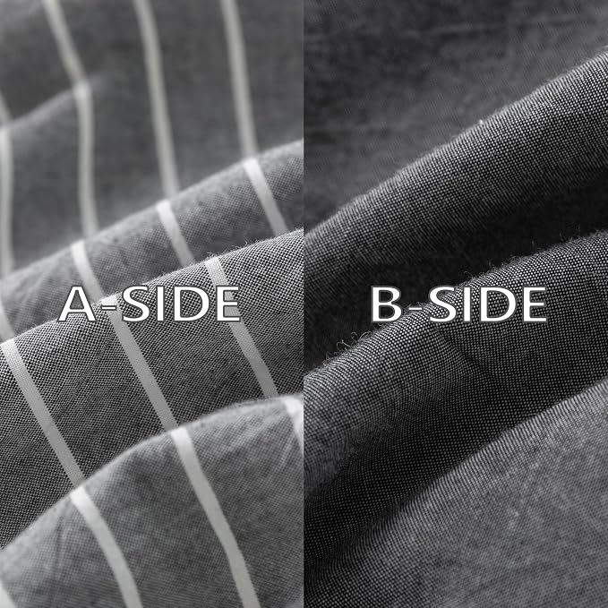 Reversible Duvet Cover Set 100% Washed Cotton Dark Grey Pinstripe Linen Feel Duvet Cover Queen Size with Zipper Closure & 2 Pillow Shams,Dark Grey/White Stripe Reverse Solid Dark Grey
