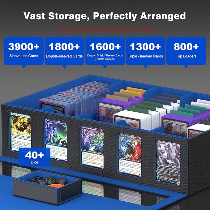 Kabinka MTG Card Storage Box with Handle & Mechanical Latch,5-Row 3900+ Commander Trading Card Case with Sealed Display Window,Top Loaders Organizer Deck Box for MTG/TCG/PTCG/Sports Cards (Black Blue)
