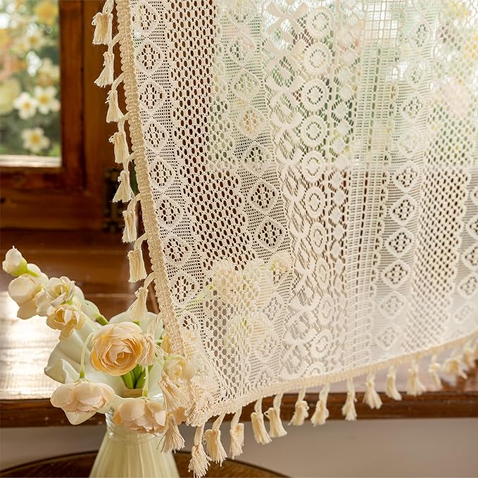 Sutuo Home Beige Lace Boho Curtains 45 Inches 2 Panels,Semi Sheer Small Window Curtains for Kitchen Cafe Crochet Vintage Chic Country Tassels Bohemian Drape Privacy Rustic Geometry Rod Pocket, 50" W
