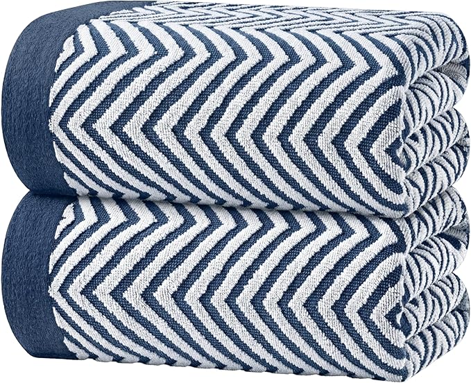 White Classic Cotton Beach Towels Oversized 35 x 70 Inches, Ultra Absorbent and Low Lint Luxury Pool Towels, Chevron Design, Navy Blue, 2 Pack