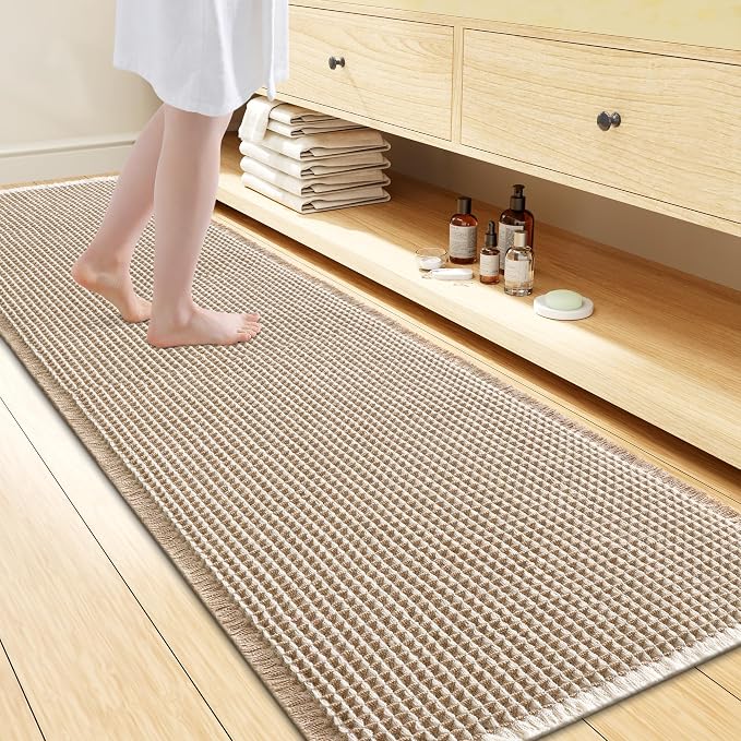 Smiry Waffle Bath Mat 72x24, Extra Soft Absorbent Bathroom Rugs, Non Slip Machine Washable Quick Dry Bath Rugs for Bathroom Floor, Tub, Shower, Home Decor Accessories, Brown & Cream
