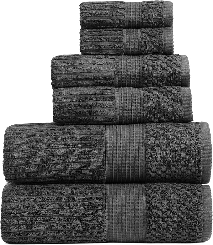 Springtree Home 100% Cotton Bath Towel Set | 6-Piece Set | Textured | Black | Absorbent & Quick-Dry Bathroom Towels | Textured and Durable Cotton Towels for Bathroom | OEKO-TEX | Krista Collection