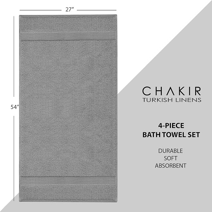 Chakir Turkish Linens 4 Piece Bath Towel Set, 100% Cotton Luxury Turkish Towels for Bathroom, Soft Absorbent Bath Towels, 27 x 54 Inches, Gray