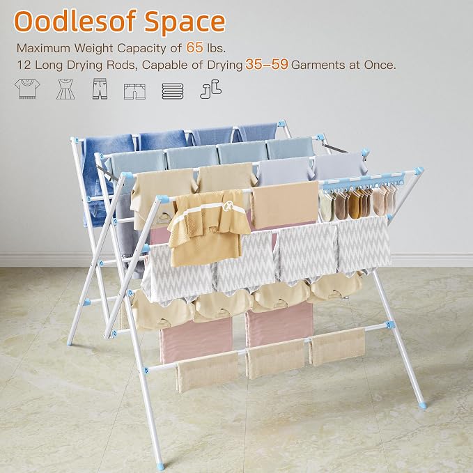 Drying Rack Clothing,35.43in Long Drying Poles Large Clothes Drying Rack | Foldable Portable Laundry Drying Rack with Sock Clips for Air Drying Clothing,Towels,Delicate Eac,Indoor Outdoor Use.Blue