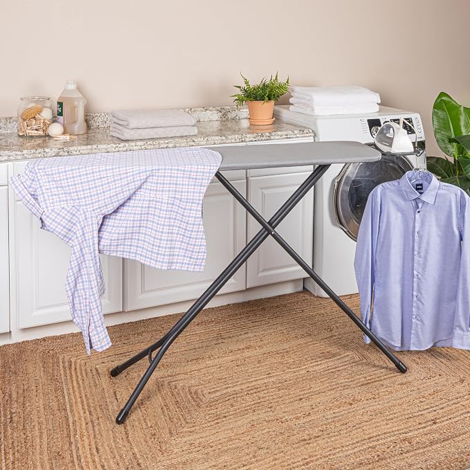 Household Essentials Ultra Ironing Board, 4-Leg, with Steel Top and Iron Rest, Cotton Cover with Fiber Pad, Heat and Stain Resistant, Matte Black Frame, Grey Cover