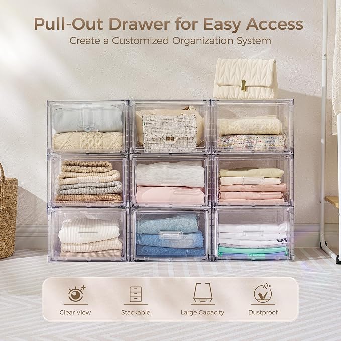 Vtopmart 9 Pack Clear Stackable Storage Drawers 15QT,Easily Assemble Closet Organizers,Plastic Storage Bins for Bathroom,Cabinet,Kitchen Pantry,Under Sink Organization(Medium)