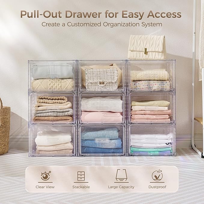 Vtopmart 2 Pack Clear Stackable Storage Drawers 15QT, Easily Assemble Closet Organizers,Plastic Storage Bins for Bathroom,Cabinet,Kitchen Pantry,Under Sink Organization(Medium)