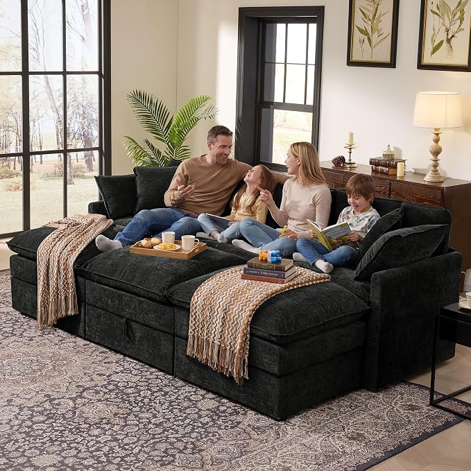 Ihanherry Oversized Sectional Sofa Bed with Storage, 103" 6-Seater Modular Cloud Couch with Movable Ottomans, Chenille Deep Seat Sleeper Couches for Living Room (Black)