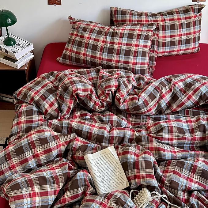 mixinni Vintage Red & Brown Buffalo Plaid Duvet Cover Set Full Size - 3 Piece Washed Cotton Bedding Set with Classic Checkered Pattern, Cozy Farmhouse Duvet Cover with Pillowcases for All Seasons