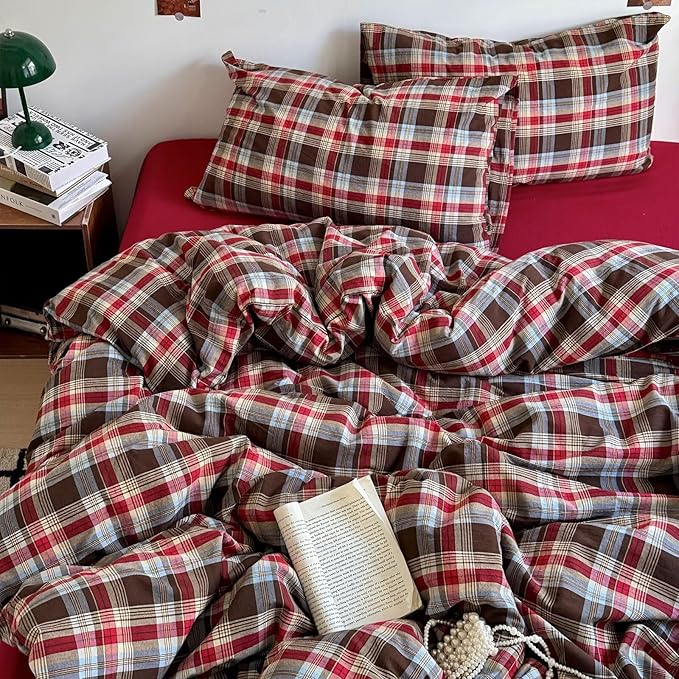 mixinni Vintage Red & Brown Buffalo Plaid Duvet Cover Set Twin XL Size - 3 Piece Washed Cotton Bedding Set with Classic Checkered Pattern, Cozy Farmhouse Duvet Cover with Pillowcases for All Seasons