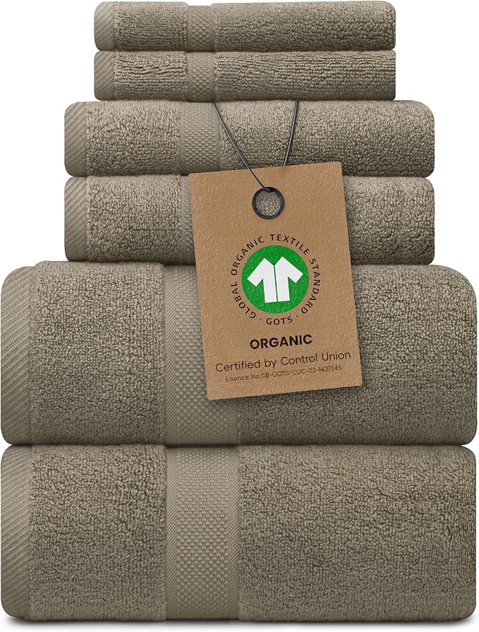 Alusa Home 100% Organic Zero-Twist Cotton Towels - GOTS Certified Luxury Bath Towels - Ultra Soft & Plush 700GSM Long-Staple Cotton - 6 Piece Towel Set (Taupe)