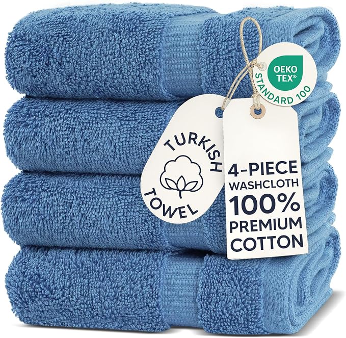 Chakir Turkish Linens 4 Piece Washcloth Set, 100% Cotton Luxury Turkish Washcloths for Bathroom, Soft Absorbent Washcloths, 13 x 13 Inches, Wedgewood