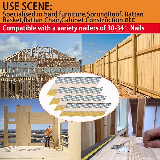 34°Framing Nails,Ring Shank,2",2-1/2",3",3-1/2":960pcs | D Head Nail Pack,Hot Dipped Galvanized Paper Tape Strip Nails,for 30 to 34 Degree Framing Nailer