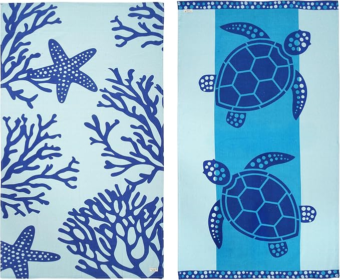 LANE LINEN Beach Towel 2 Pack, Super Absorbent, Pre-Washed - Turtle & Coral | Oversized Beach Towel 39"x71" - Lightweight Beach Essentials for Women - Large Pool Towel, Absorbent & Quick Dry, Pre-Washed
