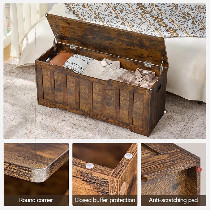 VANKILEY 43.3" Storage Chest Extra Large,Storage Trunk with 2 Safety Hinges,Wooden Storage Bench,Shoe Bench,43.3x15.7x19.1Inch,Easy Assembly,Storage Bench for Bedroom,Living Room,entryway(Rustic Brown