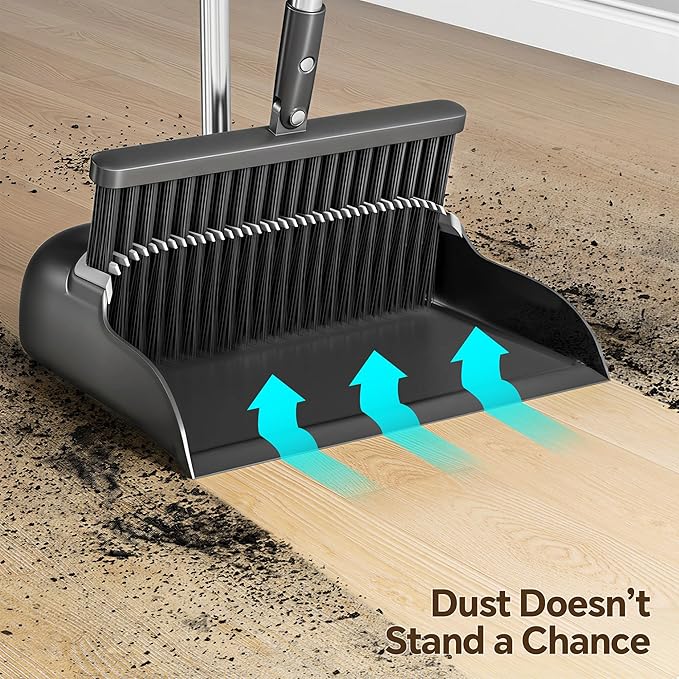 Spreezy Broom with Dustpan Combo Set, 52" Long Handle Standing Dustpan Set, Upright Dustpan with Cleaning Teeth, Indoor Outdoor Home, Office, Black-Gray