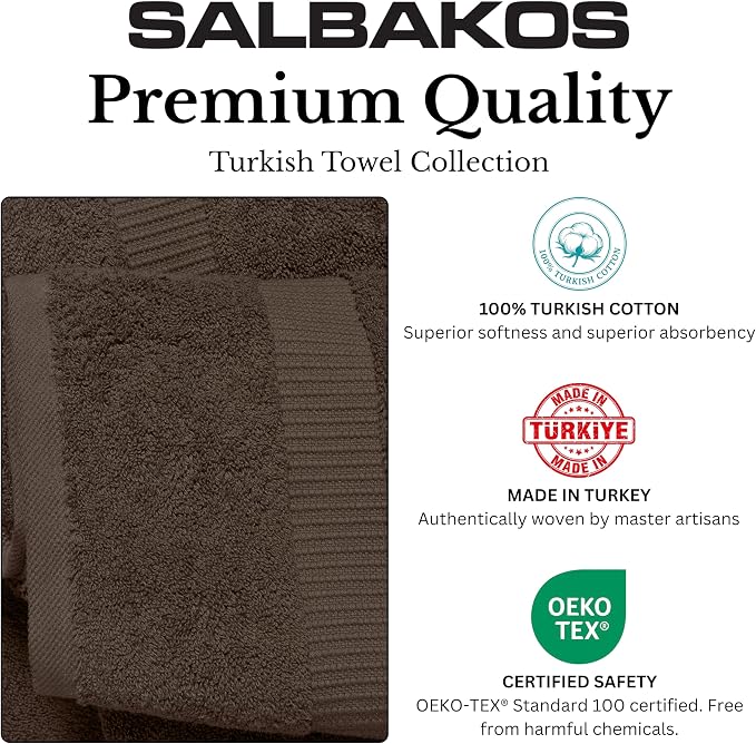 SALBAKOS 6-Piece 100% Turkish Cotton Hand Towels, 16x30 inch, Chocolate | Large Size Thick Super Soft Highly Absorbent, Versatile Hair Face & Hand Drying Towel, Premium Hotel Quality Made in Turkey