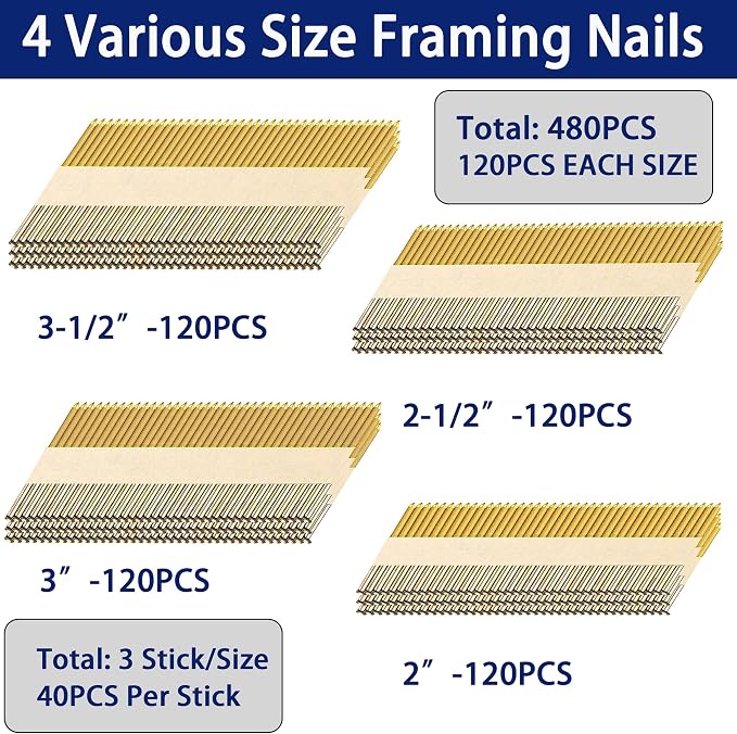 HW HAMWOO 34°Framing Nails,Ring Shank,2",2-1/2",3",3-1/2":480Pcs | Galvanized Nails,D Head Nail Pack,Paper Tape Strip Nails,Ring Shank,for 30 to 34 Degree Framing Nailer
