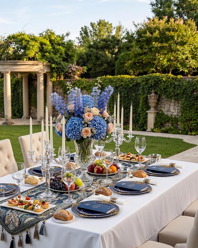 Nervure 350Pcs Blue Plastic Plates - Blue Gold Plastic Dinnerware Sets for 50 Guests - 100 Navy Gold Disposable Plates, 50 Pre Rolled Silverware, 50 Cups Perfect for Wedding & Party & Memorial Day