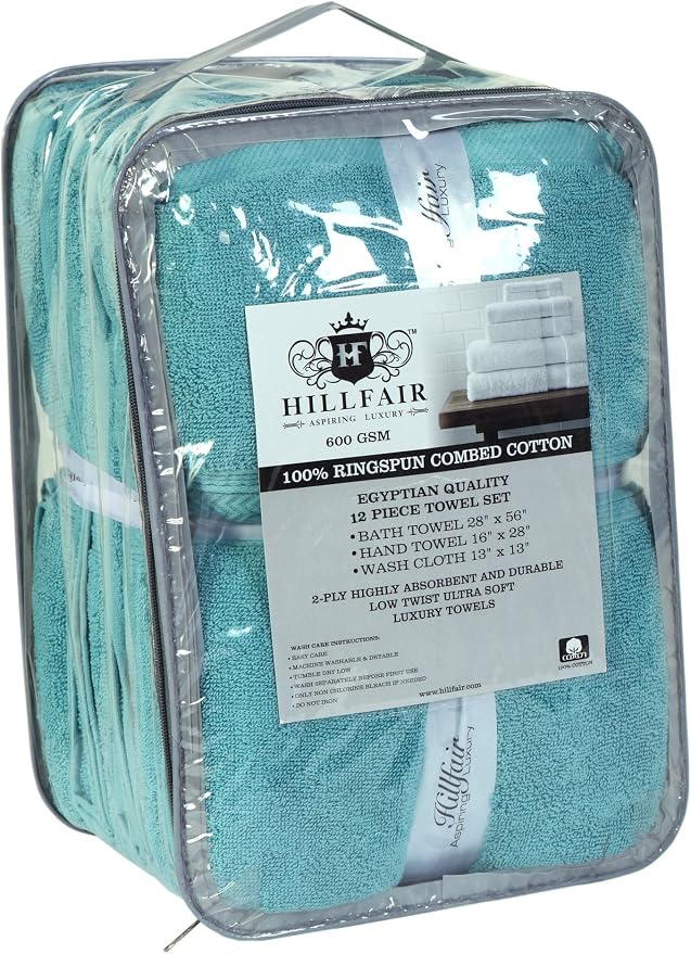 Hillfair 12-Piece Super Soft Cotton Bath Towels - 600 GSM - Hotel Spa Set: 2 Bath, 4 Hand, 6 Washcloths - Absorbent - Aqua