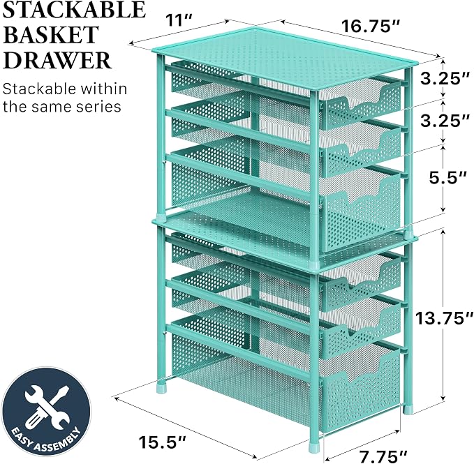 Simple Houseware Stackable 3 Tier Sliding Basket Organizer Drawer, Turquoise