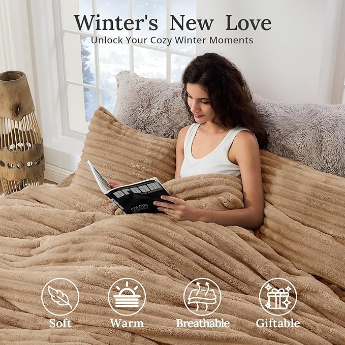Sasttie California King Comforter Set 3 Pieces - Super Soft Fleece Comforters Cal King Size, 1 Luxury Warm Fuzzy Marshmallow Cali King Comforter with 2 Pillow Cases, Faux Fur Bedding Set, Brown