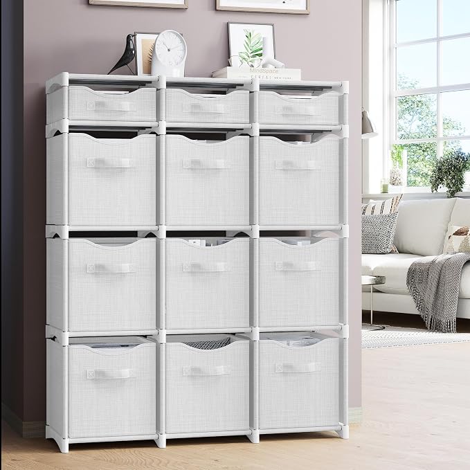 Cube Storage Organizer with 12 Storage Bins Included – Storage Cubes for Home Organization, Toy Storage, Office Storage, Living Room Storage, and General Storage Solution (White-Grey)