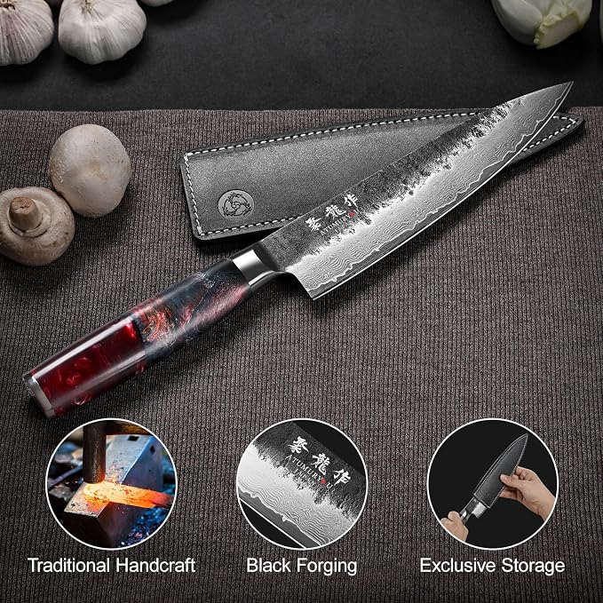 8'' Black-Forged Japanese Chef Knife, Damascus VG10 Steel | Hand Forged Finish, Damascus Stainless Steel Cladding, Red Resin Wood Handle, Leather Sheath Included, Premium Gift Box