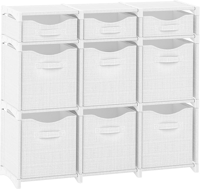 Cube Storage Organizer with 9 Storage Bins Included – Storage Cubes for Home Organization, Toy Storage, Office Storage, Living Room Storage, and General Storage Solution (White-Grey)