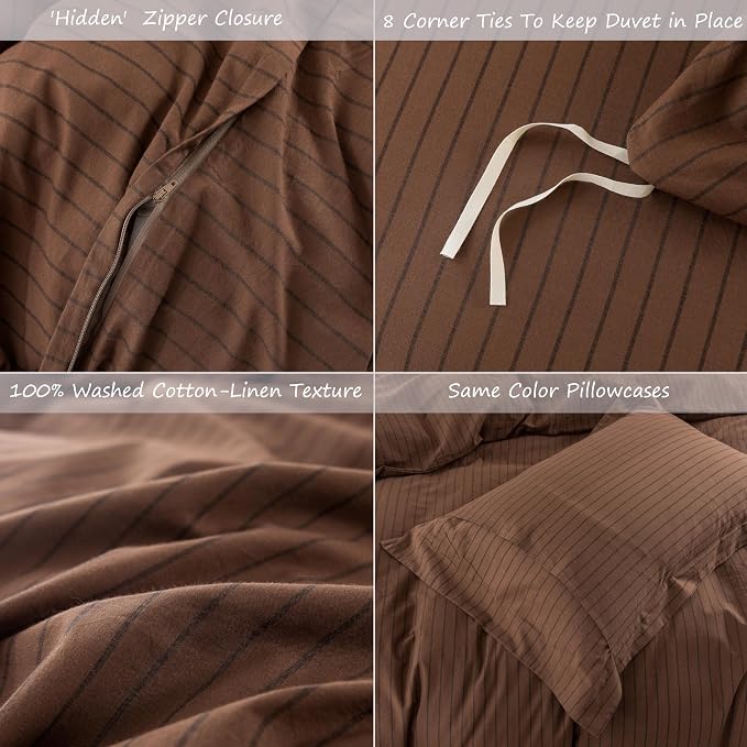 Stripe Duvet Cover Queen Size 90inch x 90inch,100% Washed Cotton Pinstripe Duvet Cover with Zipper Closure and 2 Pillowcases, Color of Cocoa Brown-Black Stripe