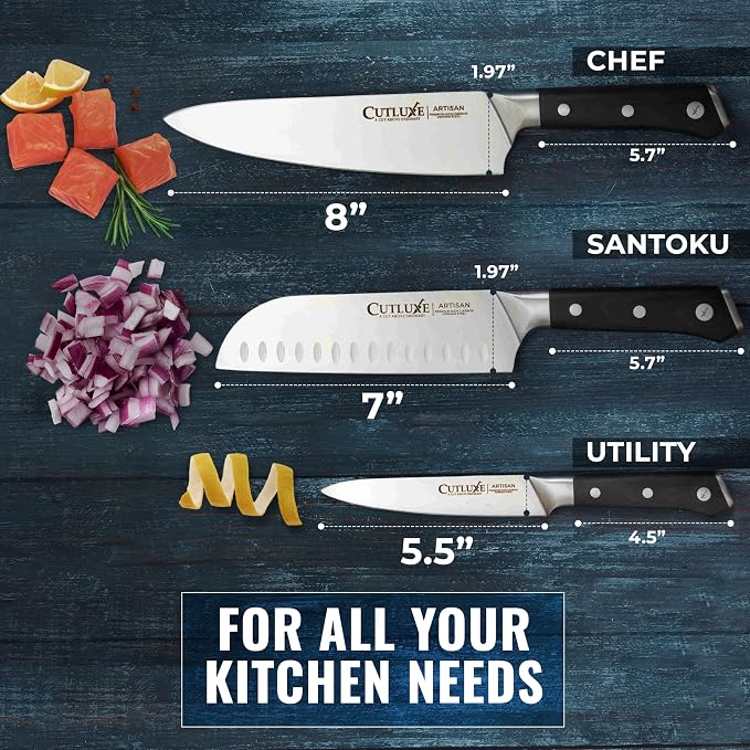Cutluxe Chef Knife Set, 3-Piece Kitchen Knives – Razor Sharp German Steel | Professional Full Tang Blades with Ergonomic Handles – Artisan Series, Forged High Carbon