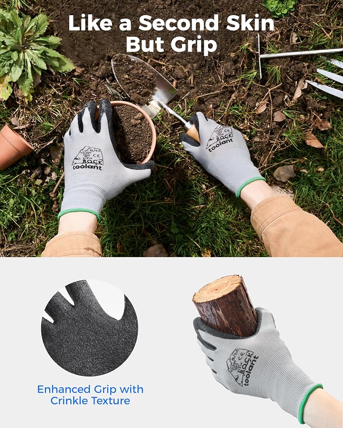 toolant Crinkle Latex Work Gloves Bulk, Rubber Coated Safety Work Gloves for Men and Women, 12 Pairs for Construction, Gardening, Warehouse (Gray, XL)