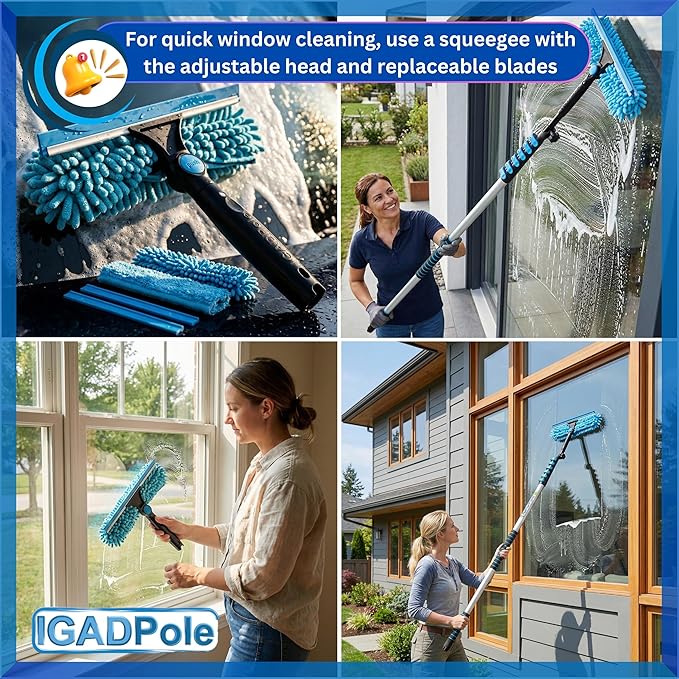 IGADPole 24 FT Water-Fed Washing Kit with Soap-Dispenser, Brush, 10″ Squeegee & Cobweb Duster for Windows, Gutters, Solar Panels & Exterior Walls