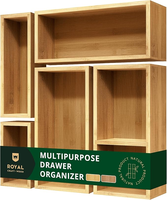 ROYAL CRAFT WOOD Premium Carbonized Bamboo Decorative Boxes - Drawer Organizer Set (5-Piece) – Wood Storage Boxes for Kitchen, Bathroom, Office & Makeup