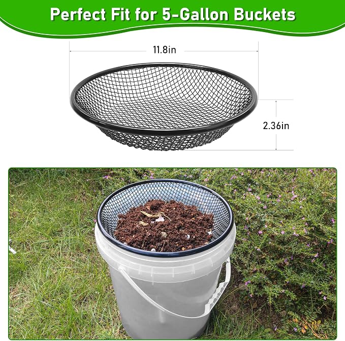 3Pcs 11.8" W Soil Sifter for Gardening, 2,4,6mm Grid Rock Sifter for 5 Gallon Bucket, Stainless Steel Fine Dirt Sifter, Compost Sifter for Capturing Dirt, Sand, Rocks, and Filtering Compost (Black)