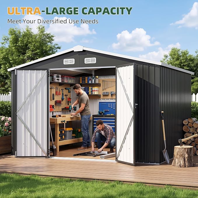 Aoxun 9.8x7.6 FT Shed Outdoor Storage Shed, Black | Metal Shed with Lockable Doors & Slooping Roof Garden Tool Shed for Backyard, Patio, Poolside