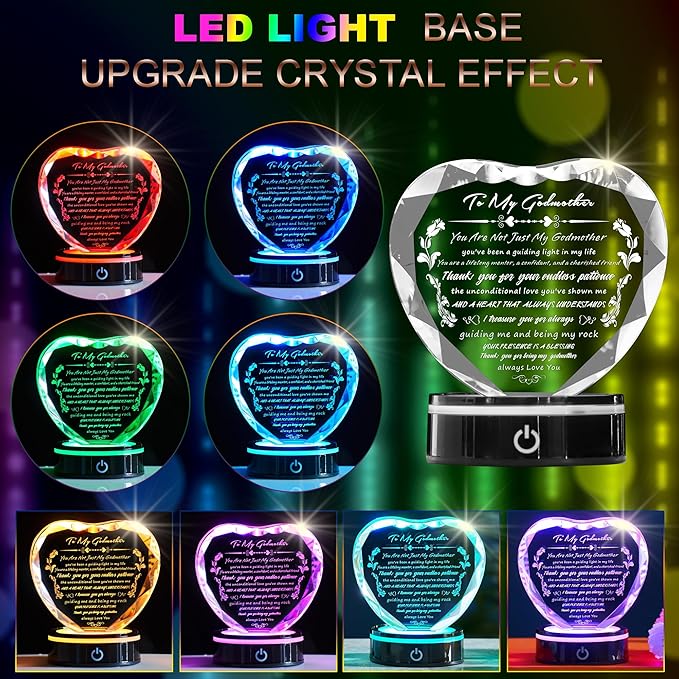 Gifts for Godmother with Colorful LED Base Heart Crystal Plaque Godmother Gift Idea from Goddaughter Godson for Mothers Day, Christmas, Birthday, Thanksgiving,Retirement