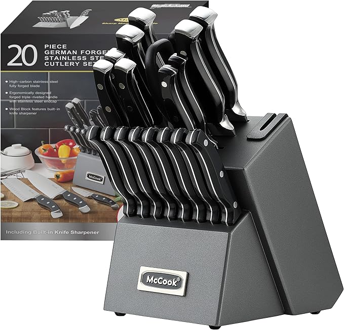 McCook Knife Set Sharp Kitchen Knife Block Set w Built-in Sharpener | German Forged Stainless Steel,20 PC,Anti-Rust,Triple Rivet,Restaurant Grade,Ergonomic Handle,Full Tang,Gift Box