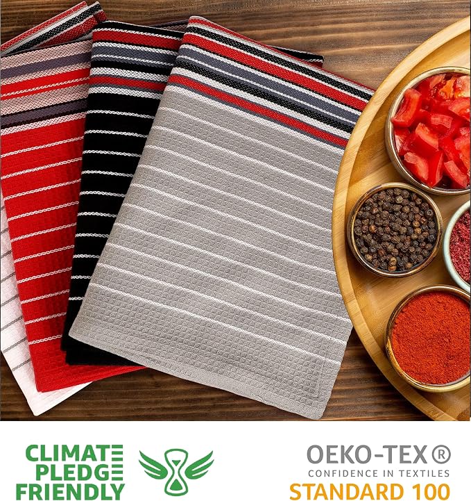 Urban Villa Kitchen Towels (20x30 Inches 4 Pack) Extra Large Premium Salsa Stripes Dish Towels for Kitchen Dish Cloths Highly Absorbent 100% Cotton Kitchen Hand Towels with Hanging Loop Tea Towels