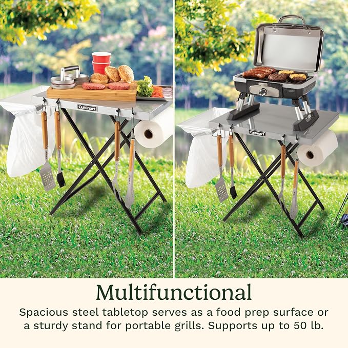Cuisinart Fold ‘n Go Prep Table, Portable Folding Table and Grill Stand with Tool Hooks, Trash Bag Holder, Paper Towel Rack, 24” x 20” Steel Food Prep Station Perfect for BBQs, Tailgates and Camping