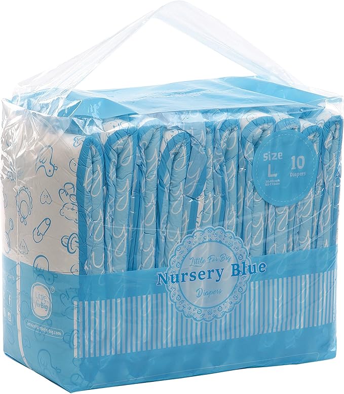 Littleforbig Adult Printed Diaper 10 Pieces - Nursery Blue (Large 36"-46")
