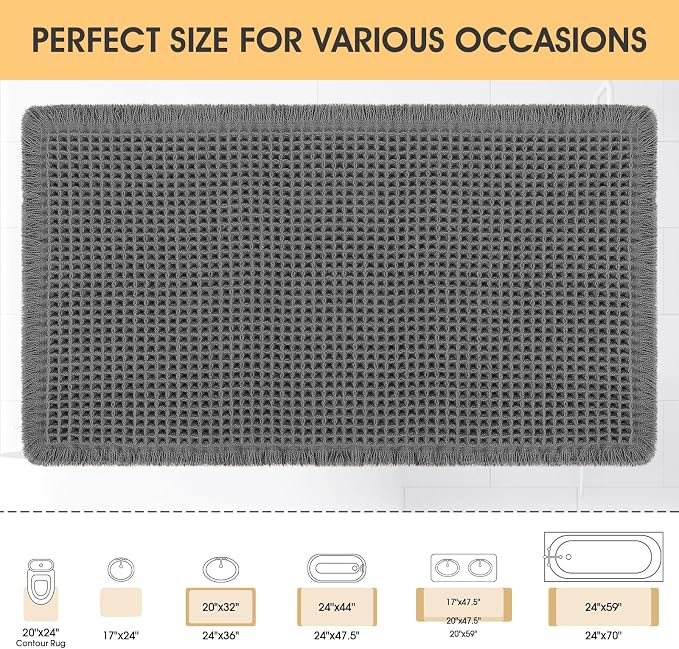 IM HOME Waffle Bath Mat Grey 24"x17", Boho Woven Modern Bath Mat Rugs, Absorbent Non Slip Bathroom Rugs, Soft Washable Bath Rugs with Tassels for Bathroom, Bedroom, Kitchen, Shower, Tub