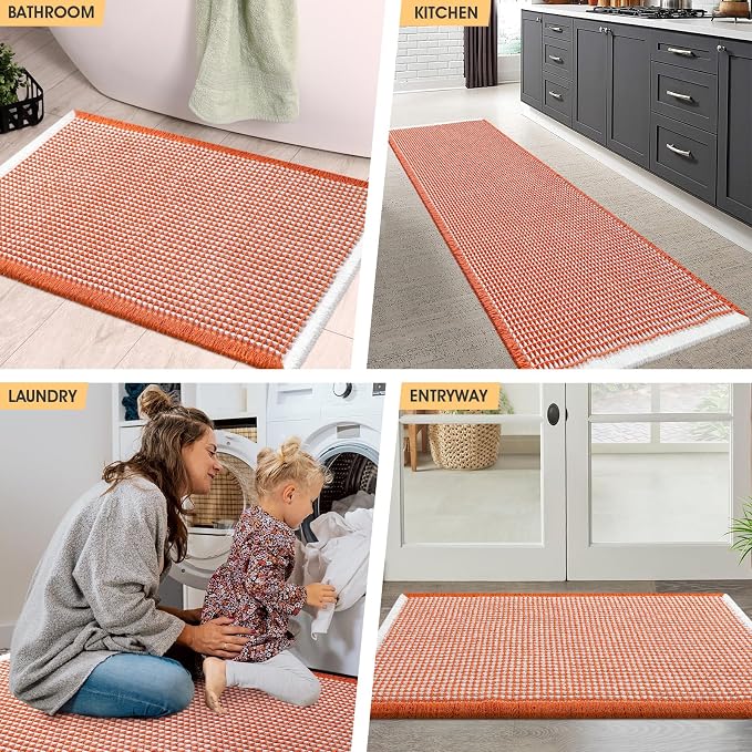 IM HOME Waffle Bath Mat Orange & Cream 32"x20", Boho Woven Modern Bath Mat Rugs, Absorbent Non Slip Bathroom Rugs, Soft Washable Bath Rugs with Tassels for Bathroom, Bedroom, Kitchen, Shower, Tub