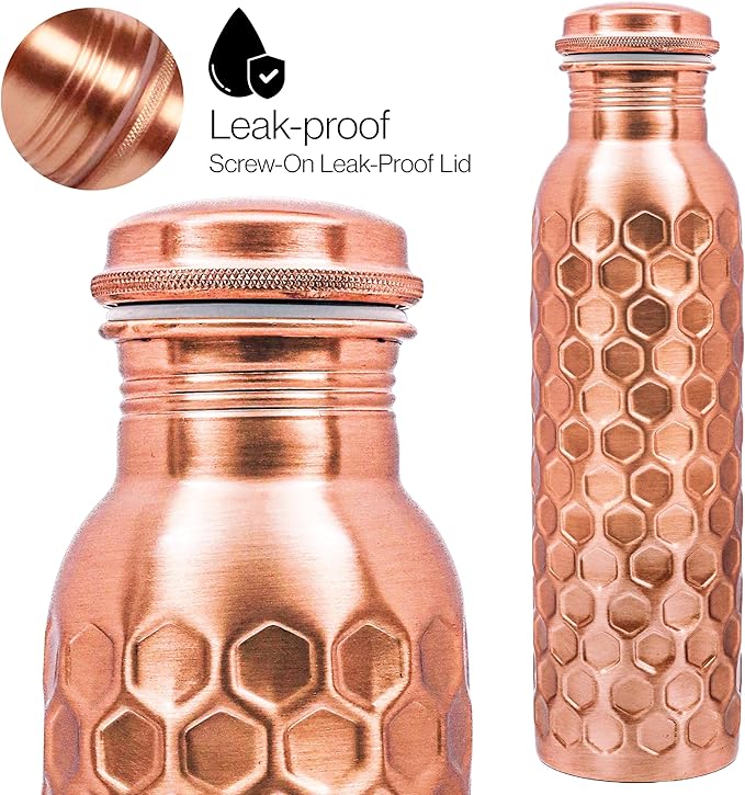Copper Water Bottle 32 Oz Extra Large, Real Copper Drinking Bottle, Honeycomb Ayurvedic Bottle for Drinking Water, Leak Proof Vessel with Cleaning Brush, Home Office Use