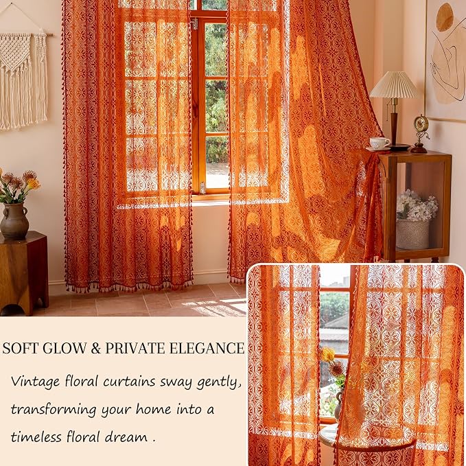 Sutuo Home Terracotta Boho Lace Curtains 72 inches Long,Burnt Orange Sheer Curtains 2 Panels for Bedroom Nursery Privacy Crochet Victorian Vintage Tassels Bohemian Window Treatments Rod Pocket,50" W